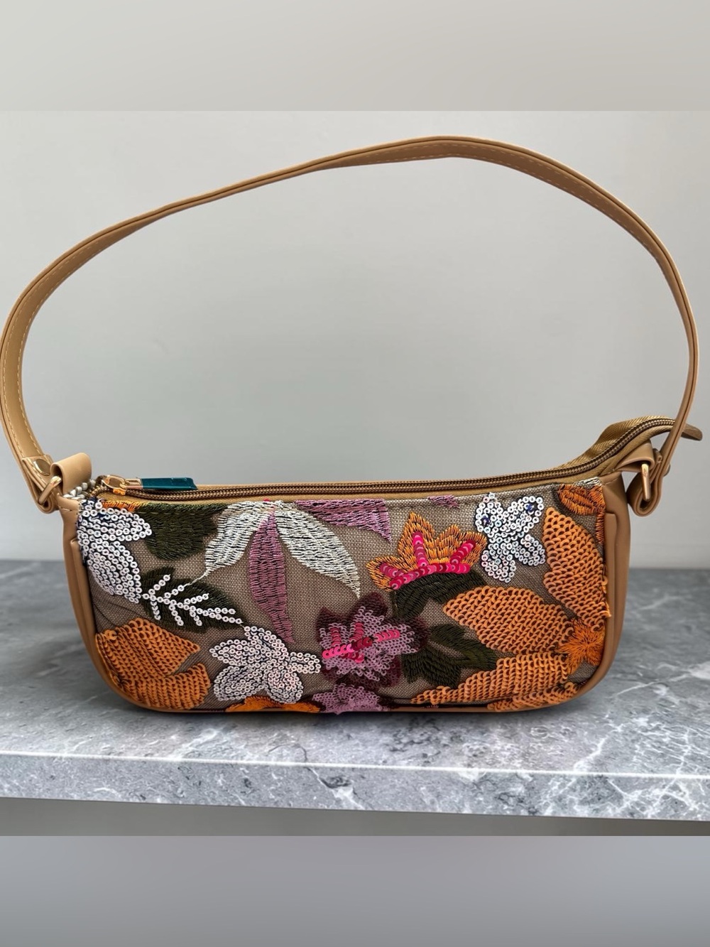 Sequin & Embroidered Floral Shoulder Bag - Tan with Multicolor Flowers